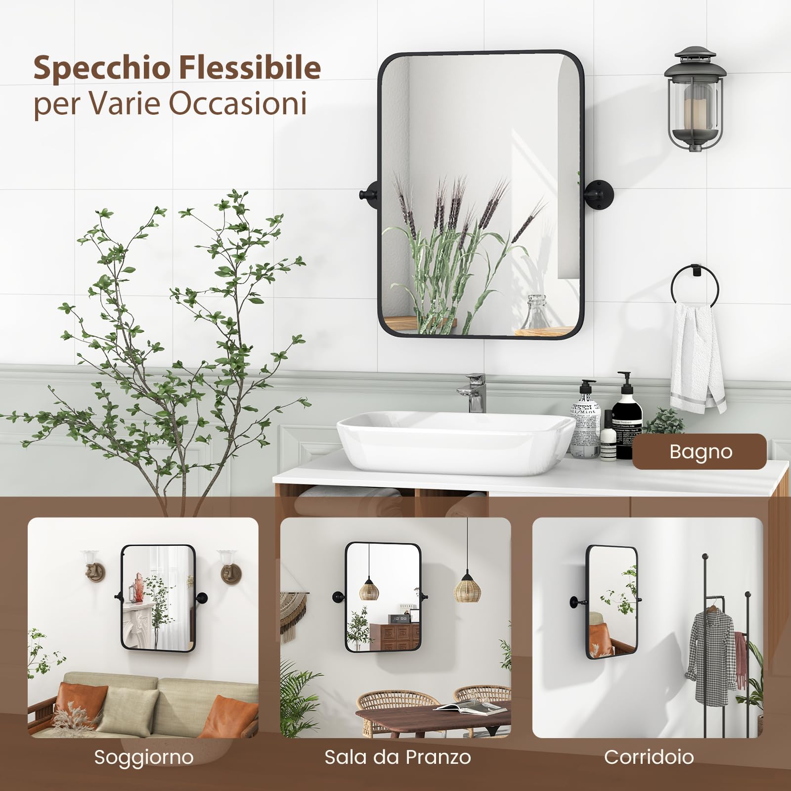 GYMAX Specchio da Bagno con Cornice in Metallo Nero, Specchio Rettangolare da Parete con Angoli Arrotondati e Staffe per Inclinazione, Specchio Decorativo Moderno, Verticale/Orizzontale