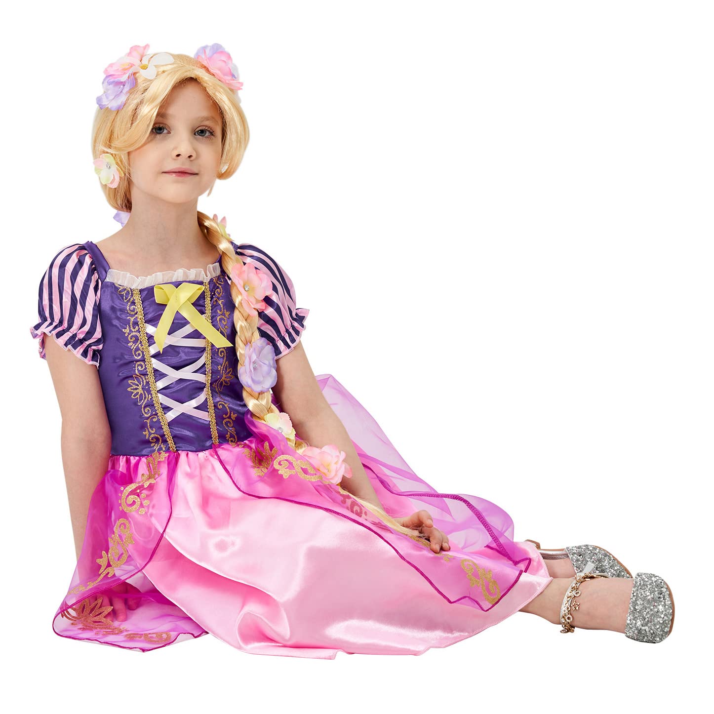 Super Long Princess Rapunzel Wig with Flowers-29 Inch Girls Blonde Braid Synthetic Wigs for Costume Cosplay Fairytale Ball Halloween Christmas Birthday Party