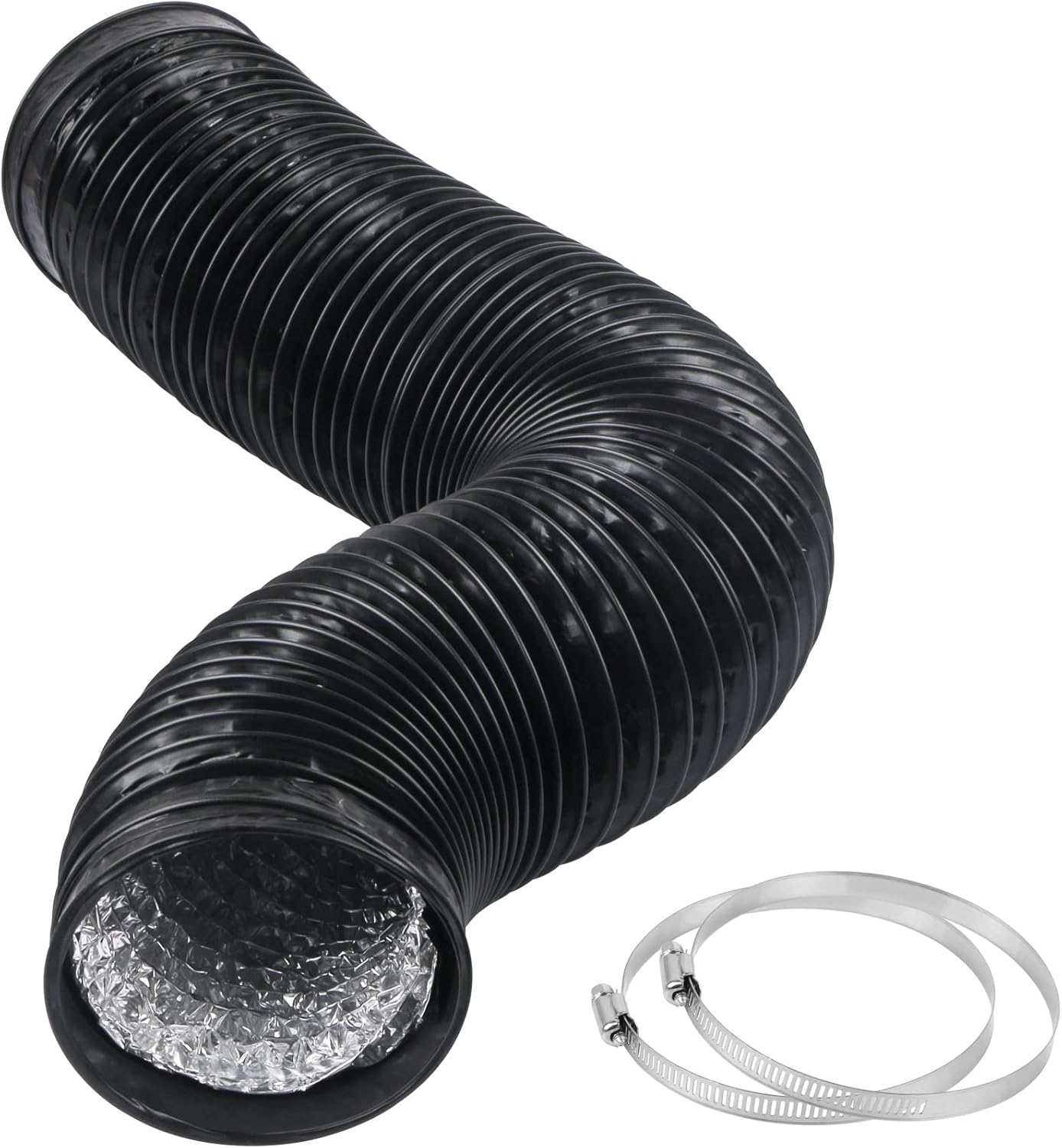 CABAX 4 Inch x 5 Ft Flexible Aluminum Air Duct Hose for HVAC Dryer Vents - Fire-Resistant, Noise-Reducing with 2 Clamps