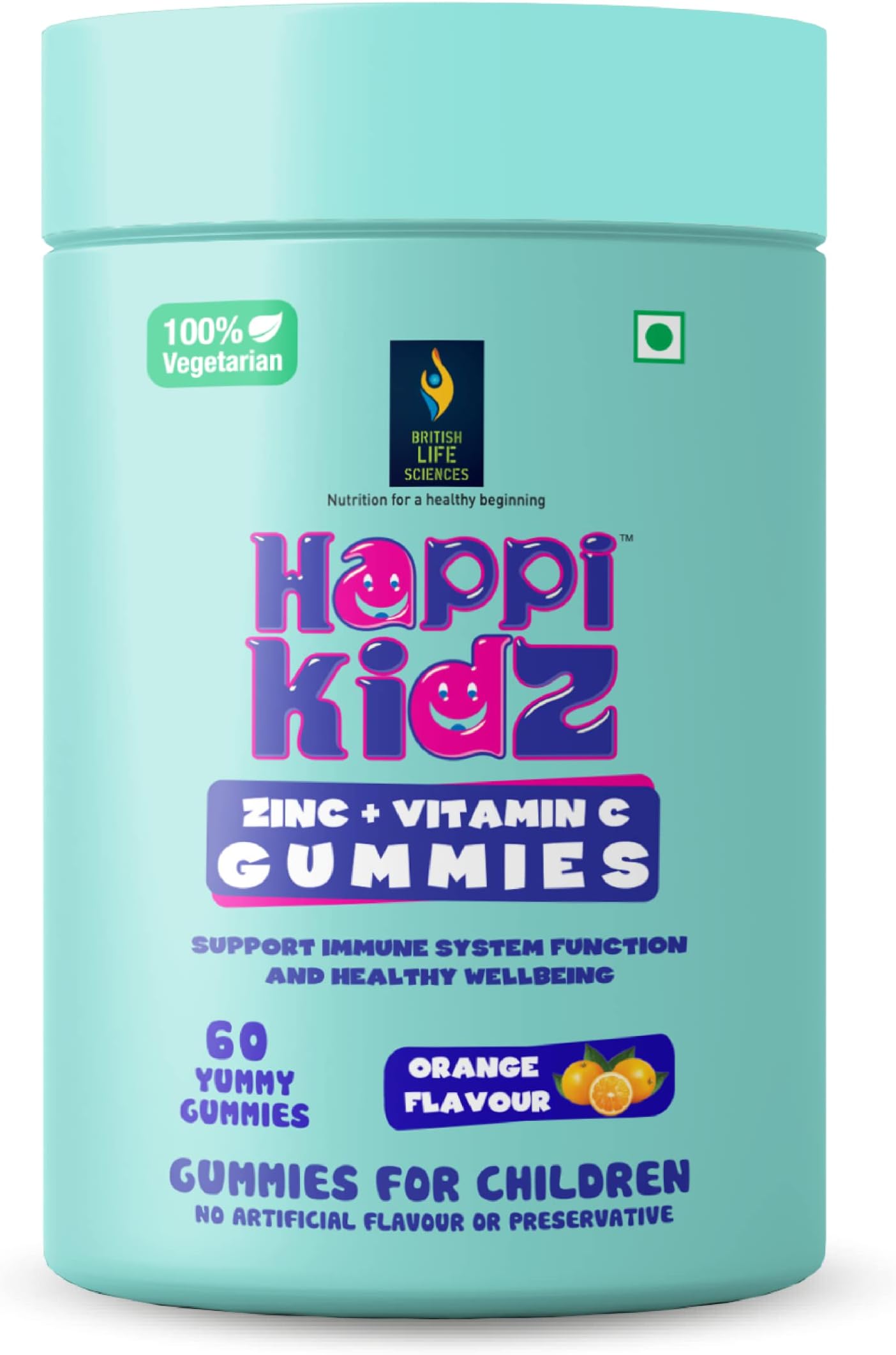 Happi Kidz Zinc Gummies for Kids | Zinc + Vitamin C | 100% Natural | Vegetarian | Supports Brain Function | Promotes Proper Growth | Ages 4 & above | Orange Flavour | 60 Count | Lab tested for purity