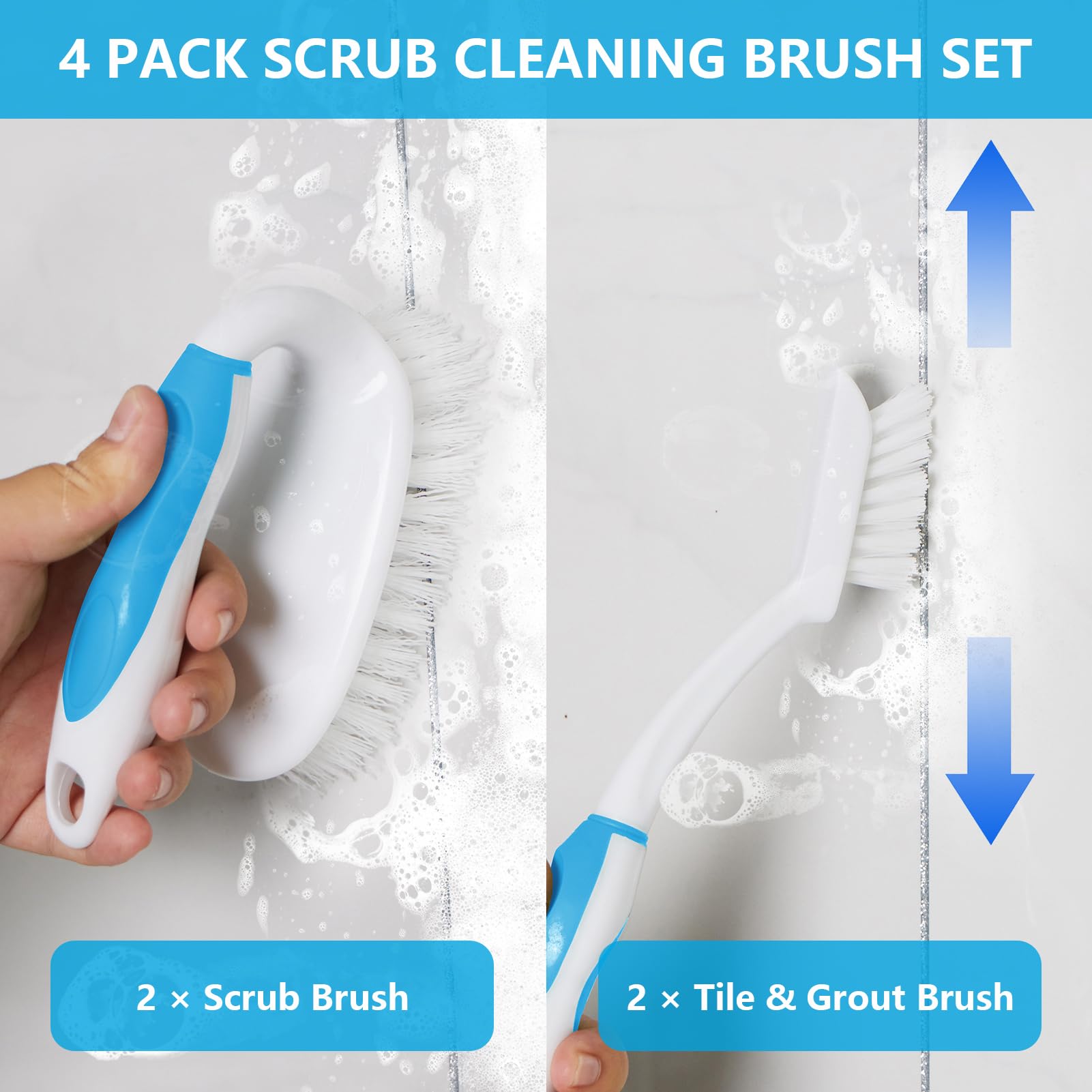 HileSwan Scrub Brush Set, 4 Pack Deep Cleaning Brush Kit - 2 Scrub Brush, 2 Tile & Grout Brush with Built-in Scraper, Household Commercial Scrubber for Floor, Shower, Pool Wall, Tub (Blue)