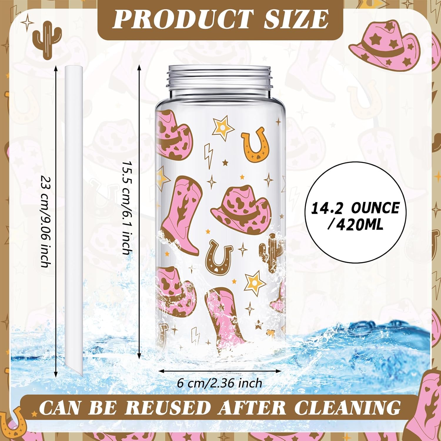 Qinyoung 24 Pcs Western Cowgirl Cowboy Plastic Tumbler 14.2 oz Cowgirl Party Favors Reusable Cups with Lids and Straws Decoration Iced Coffee Cup My First Rodeo Decorations(Classic Style,Pink Brown)