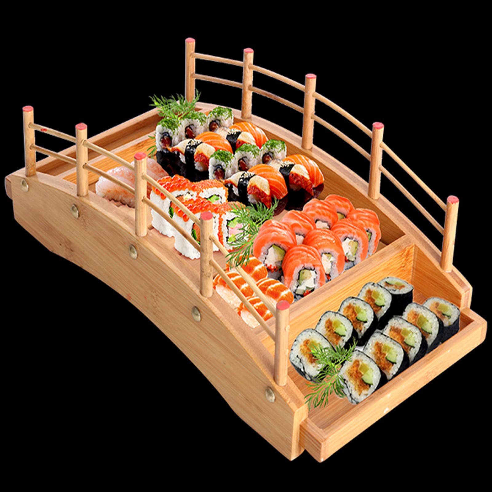 Créatif Assiette de Bateau Pont arqué Sushi Plateau de Service, Japonais en Bois Plateau pour Sashimi, pour la Nourriture, Les fêtes à la Maison ou Les Restaurants,Original Colour,42x21x13cm