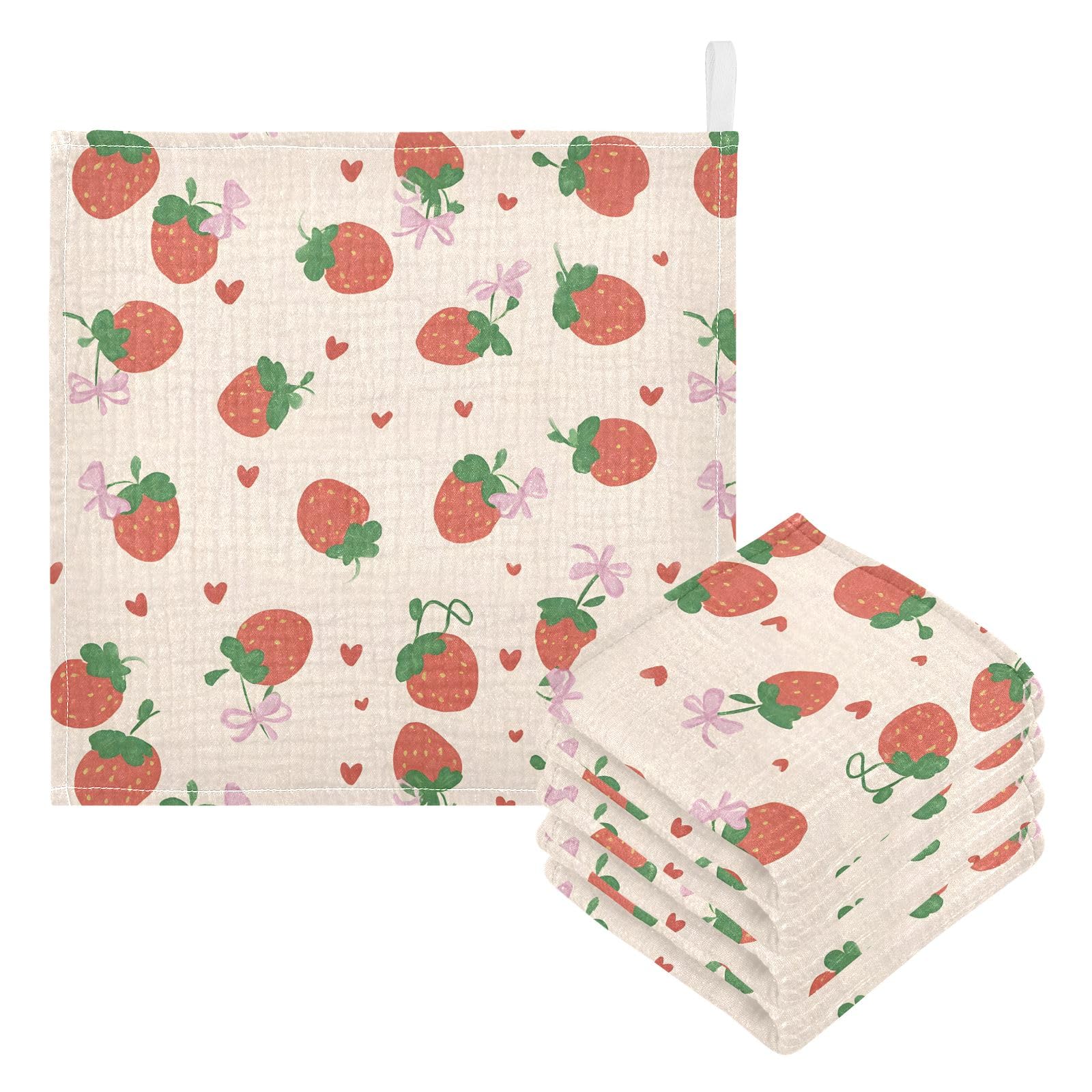Washcloths Set Bathroom Kitchen Wash Cloths Face Towels Wipes Strawberry Bowknot Decorative 12x12 Inch 5 Pack