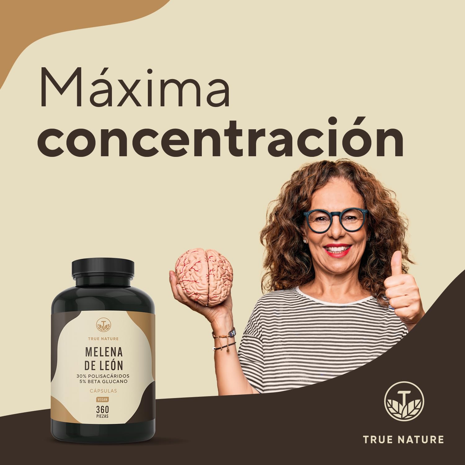 Melena de León 60.000mg (Extracto 30:1) - 360 cápsulas - Lions mane (Hericium Erinaceus) con 30% de polisacáridos y 5% de betaglucano - vegano – TRUE NATURE