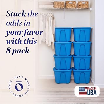 HOMZ 8-Pack Durable Molded Bin, Plastic Storage Containers with Lids, 18 Gallon, Blue - Stackable Organizer Totes and Boxes for Bedroom, Kitchen, and Garage Organization