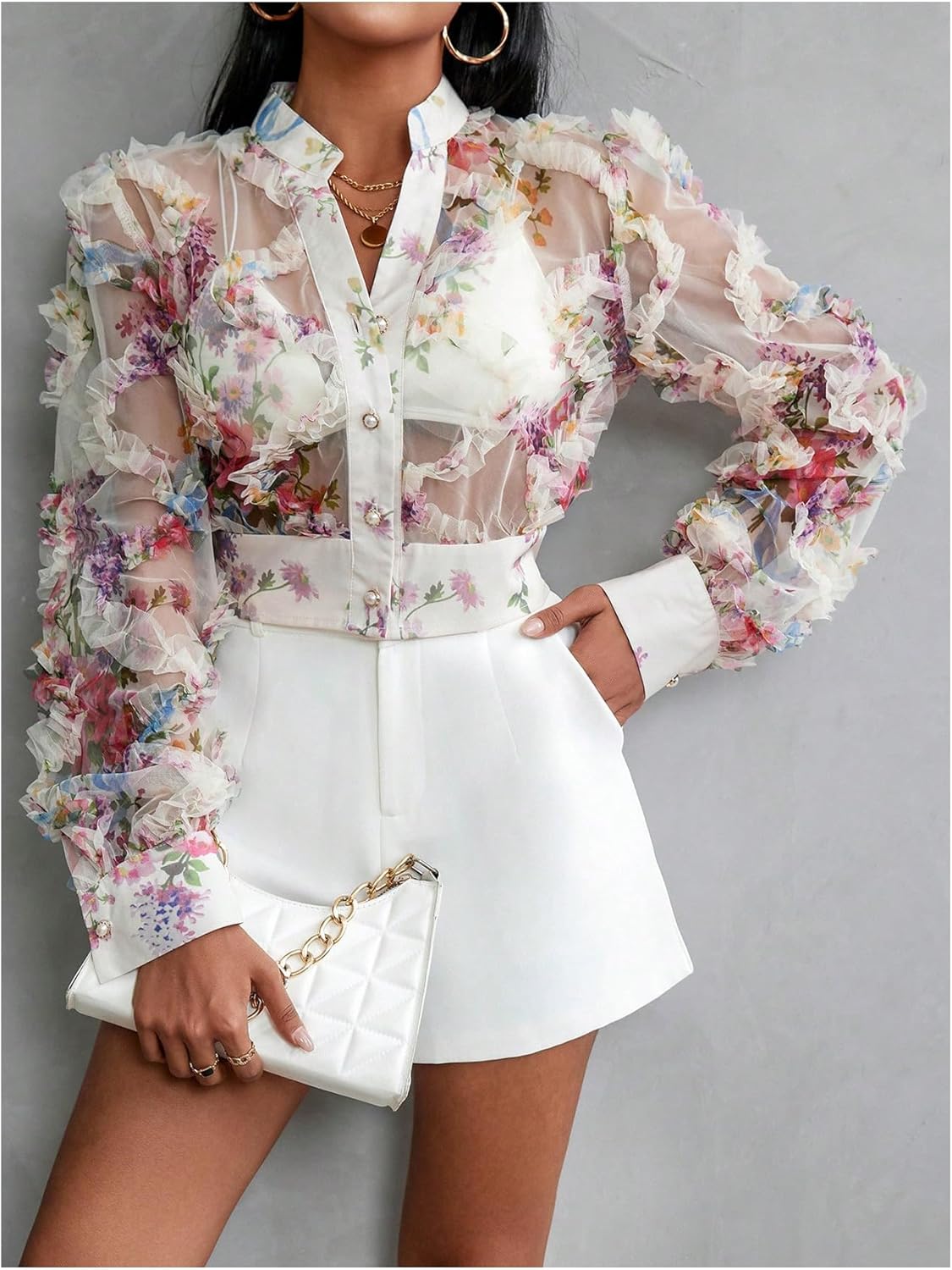 WDIRARA Women's Floral Mesh Sheer Button Down Blouse Long Sleeve Notch V Neck Shirt Ruffle Crop Top - Image 2