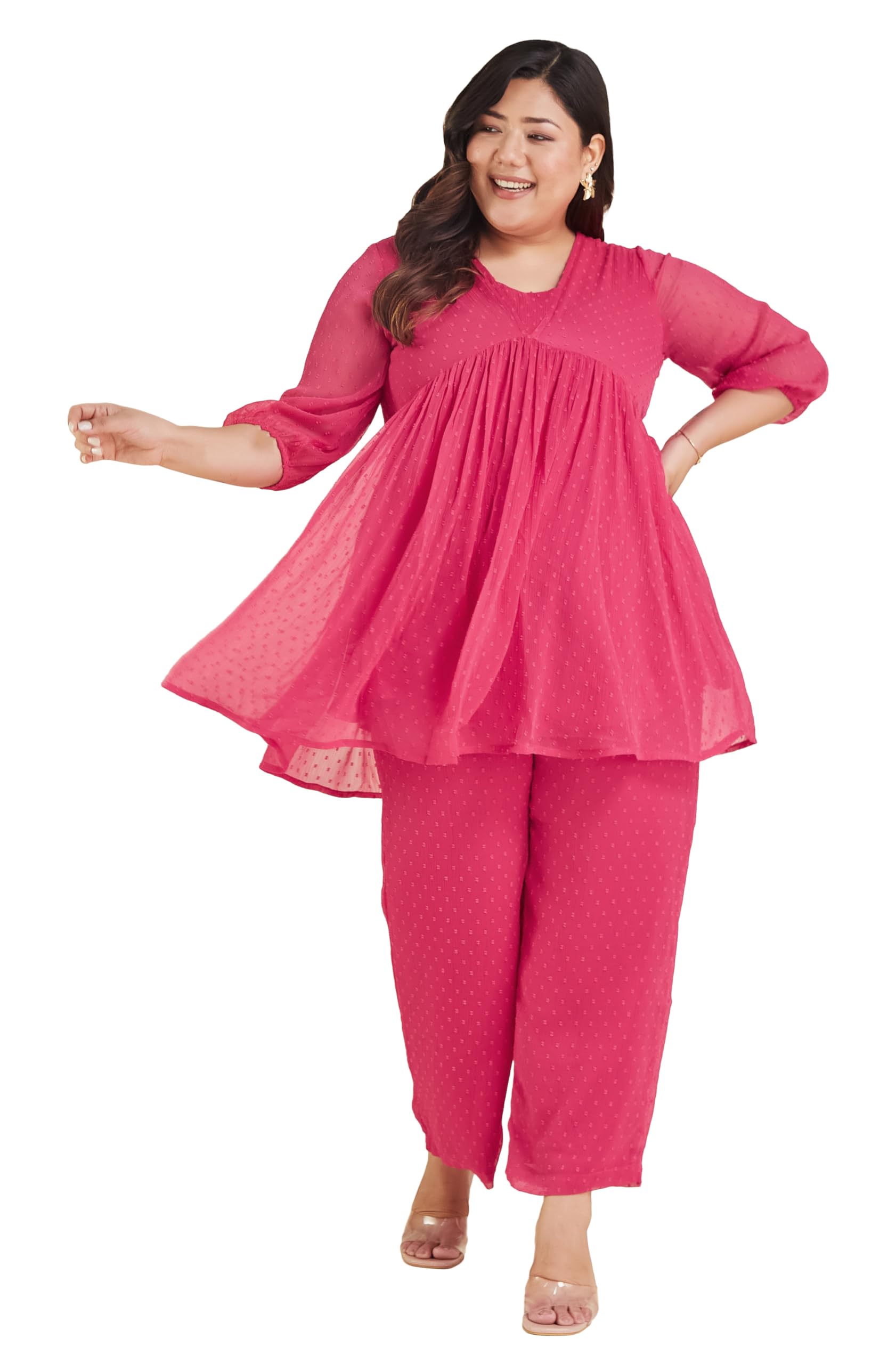 janasya Women's Plus Size Pink Dobby Chiffon Self Design A-line Co-ord Set-picture-52