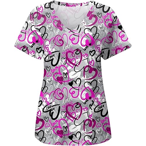 Valentines Day Scrub Tops Women Short Sleeve Nurse Working Uniform with Pocket Valentines Printed V Neck Graphic Tee