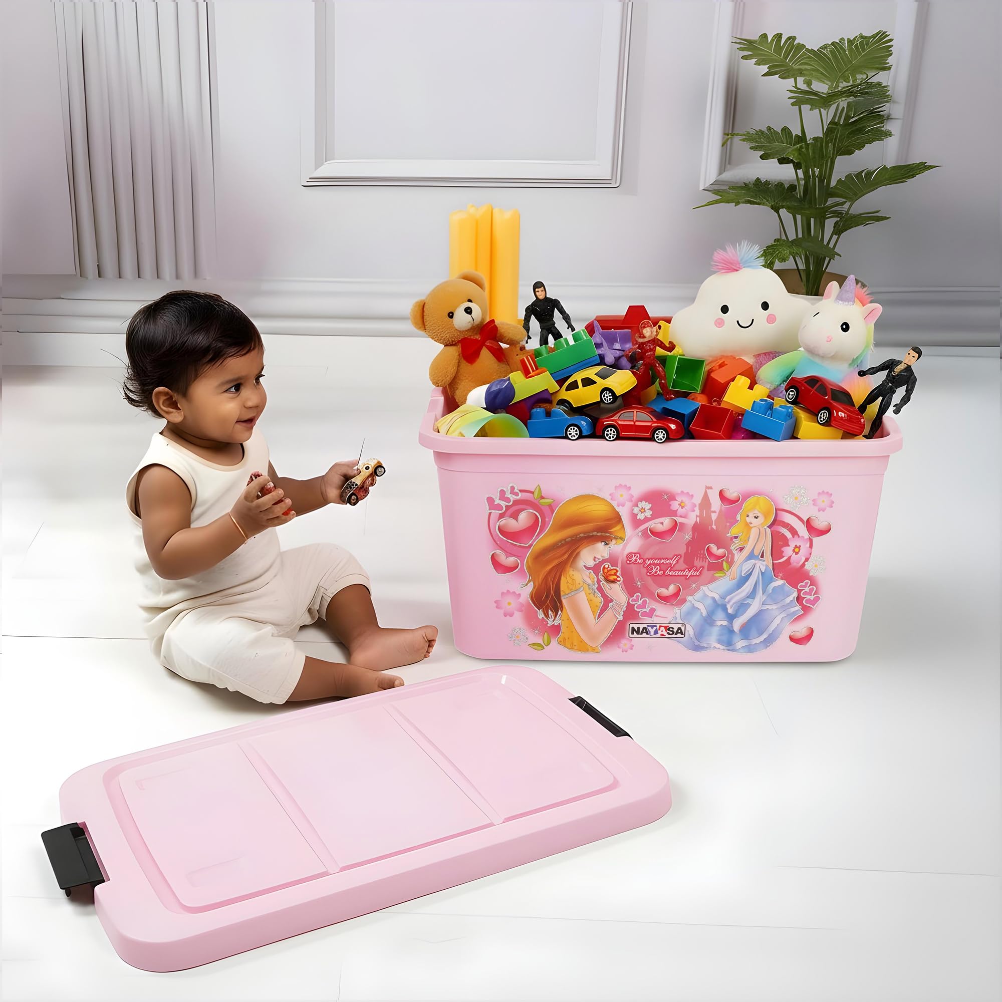 Nayasa Toy Box 50 Ltr With Lid Plastic Storage Box | basket for storage | Toys & Kids Room Use, Pink 3