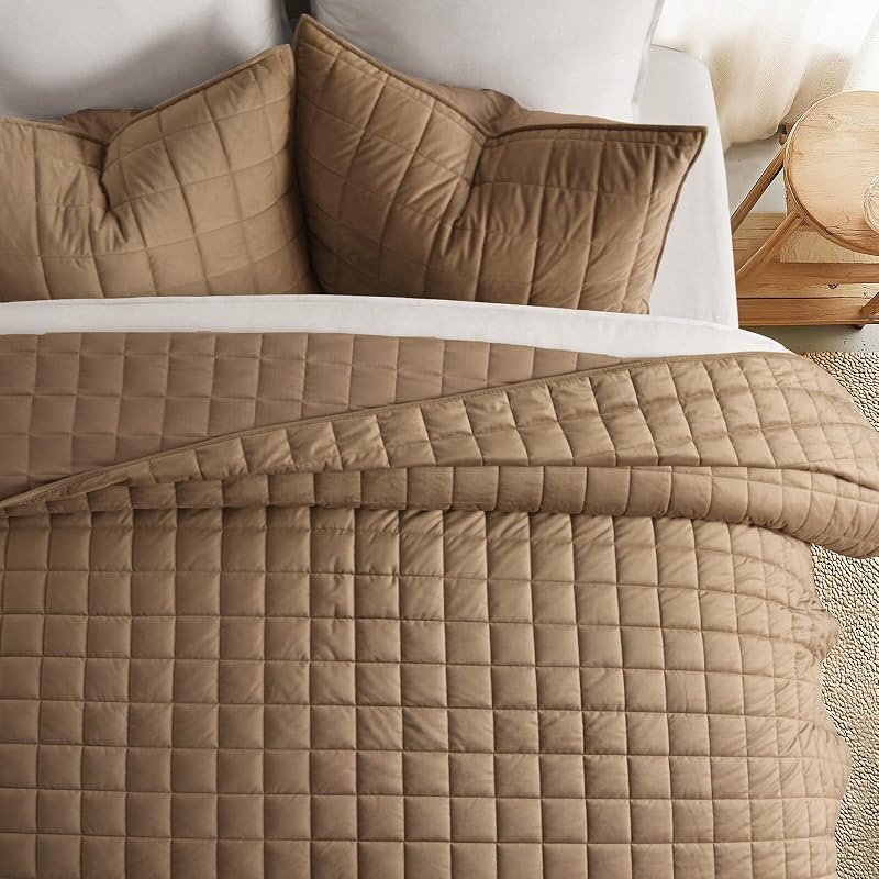 EverGrace Box Stitch Pearl Velvet Quilt Set, Queen Size, Camel image 2