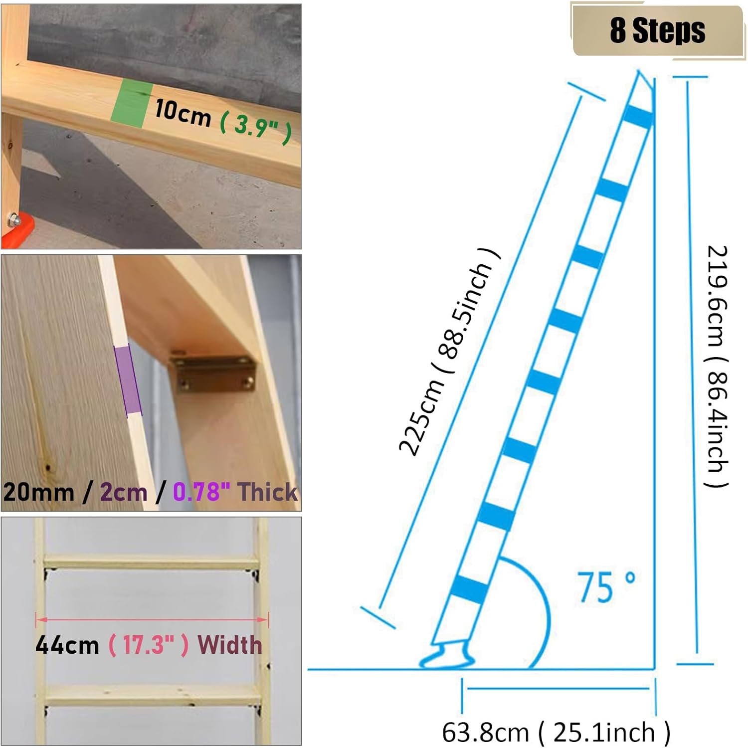 Replacement Bunk Bed Ladder 7.3 6.5 5.7 4.9 4.1 3.2 ft, Extra Wide Treads Wooden Loft Bed Ladder for Bookstore Bedroom Dorms, Double Elevated Bed Ladder with Non-Skid Feet (Size :