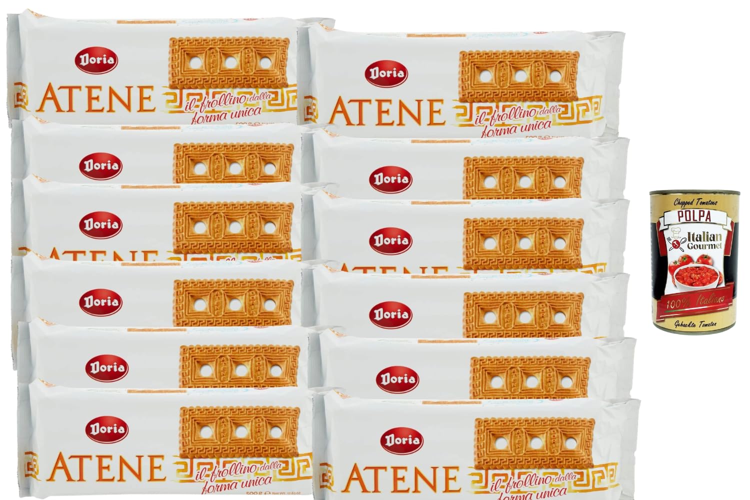 Italian Gourmet Bundle Doria Atene Biscuits 12 x 500 g + Italian Gourmet Polpa, frollini italiens à la forme unique, biscuits sucrés format familial, lot économique pour petit-déjeuner et pause