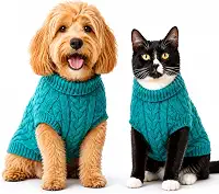 Roupa de Inverno para Gato e Cachorro Suéter de Lã Tricot Pet Quente e Confortável (Ciano, M)