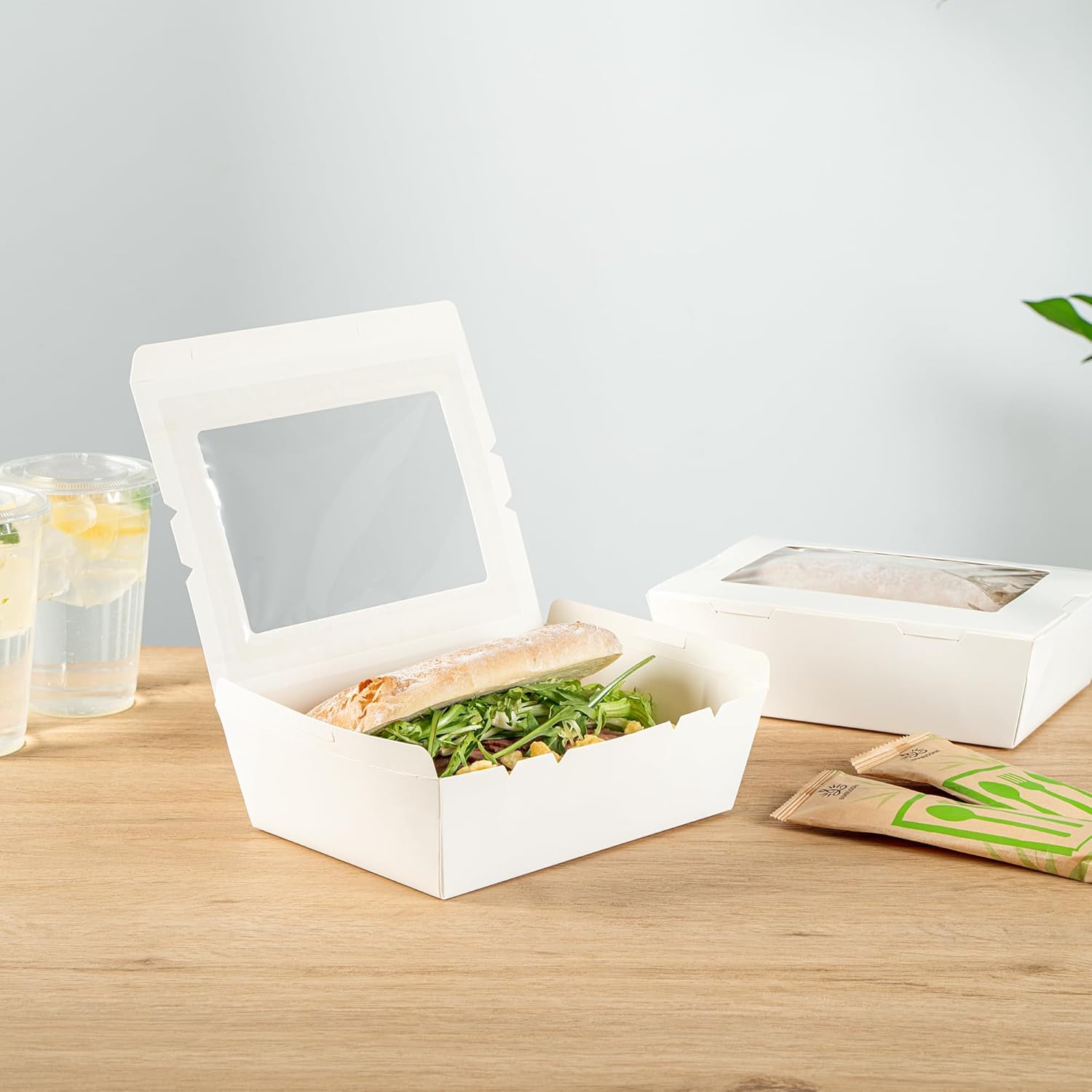 Restaurantware Cafe Vision 71 Ounce Disposable To Go Boxes 50 Paper Boxes For Food - Hinge Lock Grease-Impervious White Paper Take Out Food Containers With Window For Lunch Or Desserts