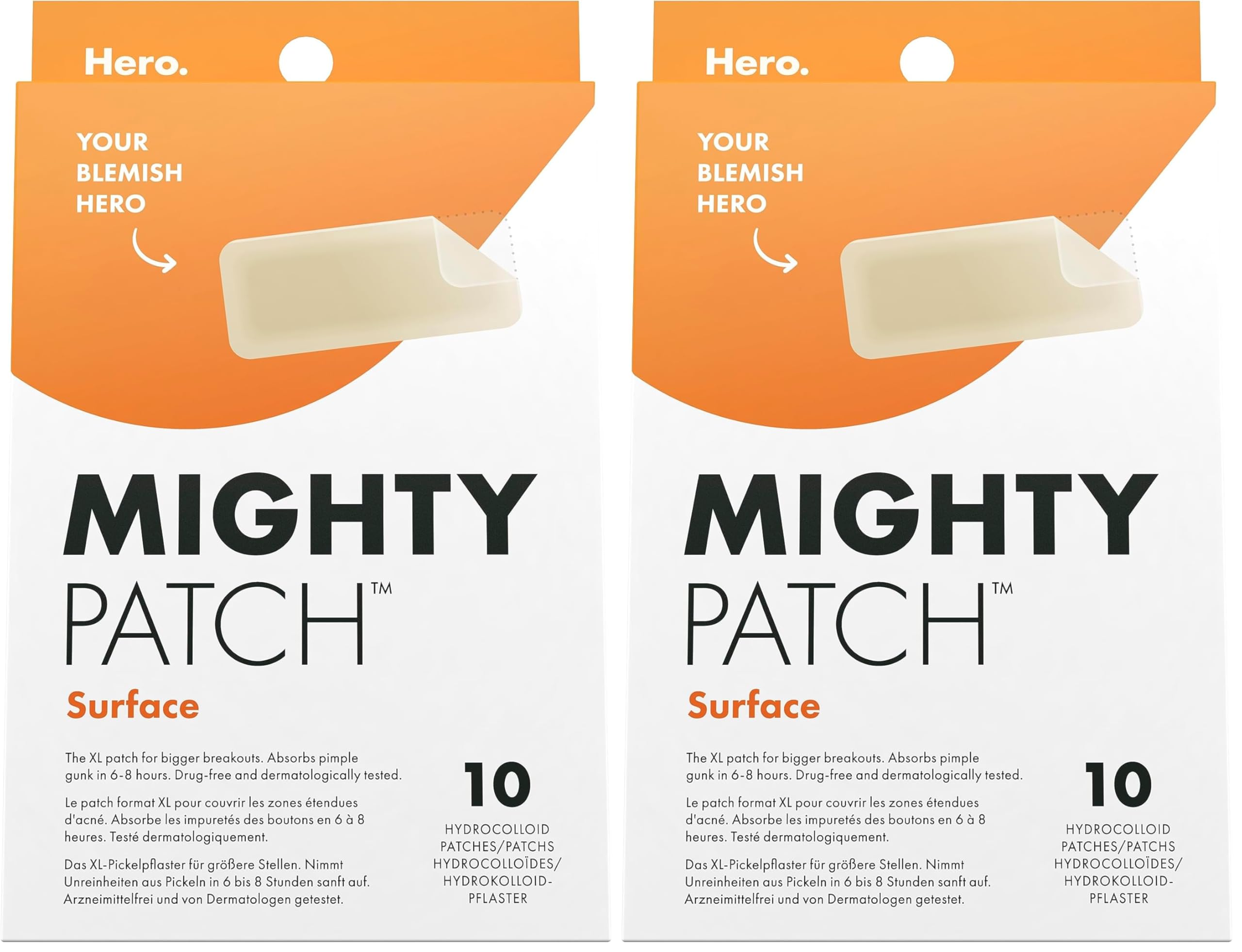 Mighty Patch Surface Pickel-Patches von Hero Cosmetics, XL-Hydrokolloid-Pflaster, Aknebehandlung für Tag & Nacht, 10 große Pflaster für Gesicht & Körper (Packung mit 2)