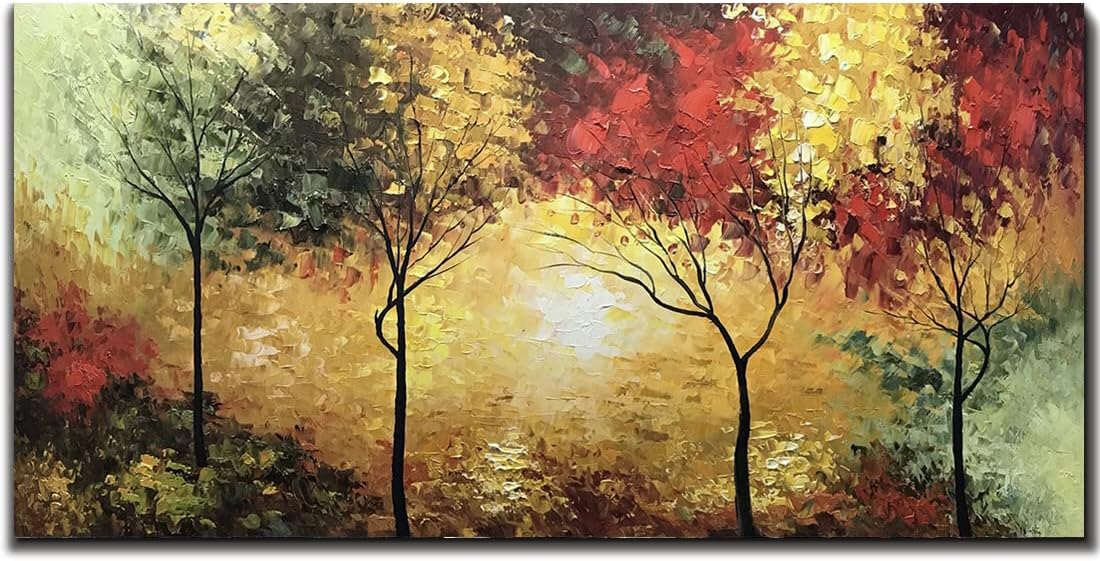 Tiancheng Art,24 X 48 Inch Modern Impressionism Colorful Tree Art Frame Oil Painting Propylene Canvas Hand-Painted Forest Wall Art Living Room Interior Decorative Painting Ready to Hang