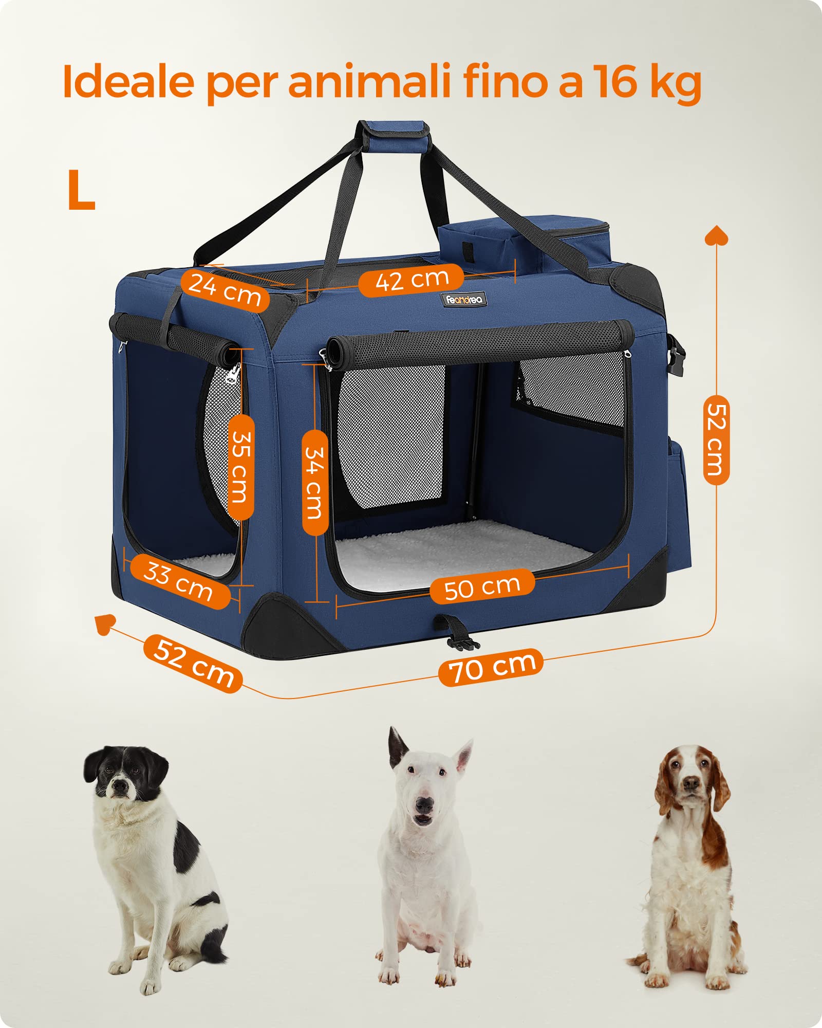 FEANDREA Trasportino per Cane, Gabbia Pieghevole, L (70 x 52 x 52 cm), Blu Scuro PDC70Z