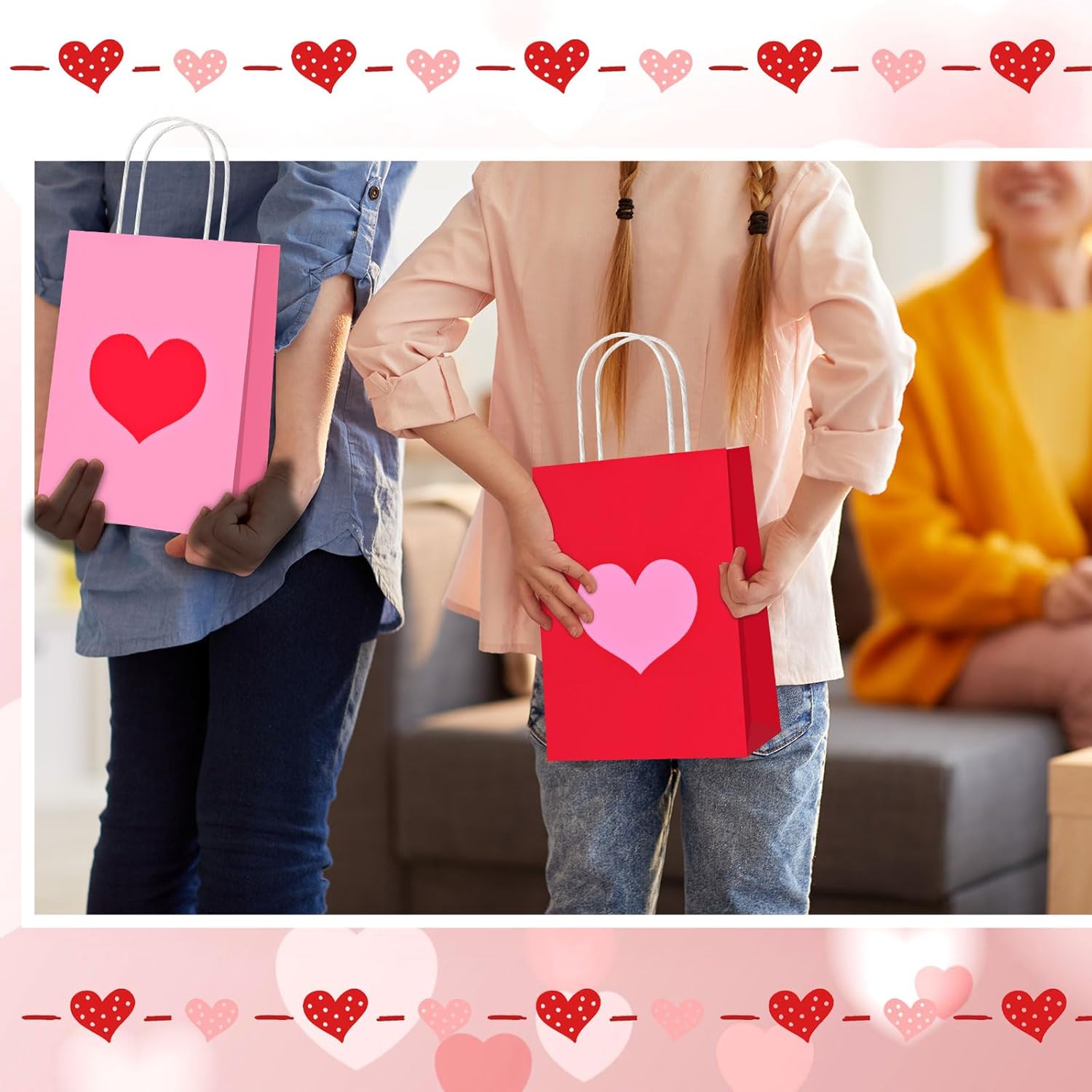 Engrowtic 48 Pcs Valentine's Day Heart Gift Bags Bulk with Handle Red and Pink Kraft Paper Wrapping Bag Galentines Heart Shaped Goodie Candy Gift Bags for Wedding Party Favors Supplies