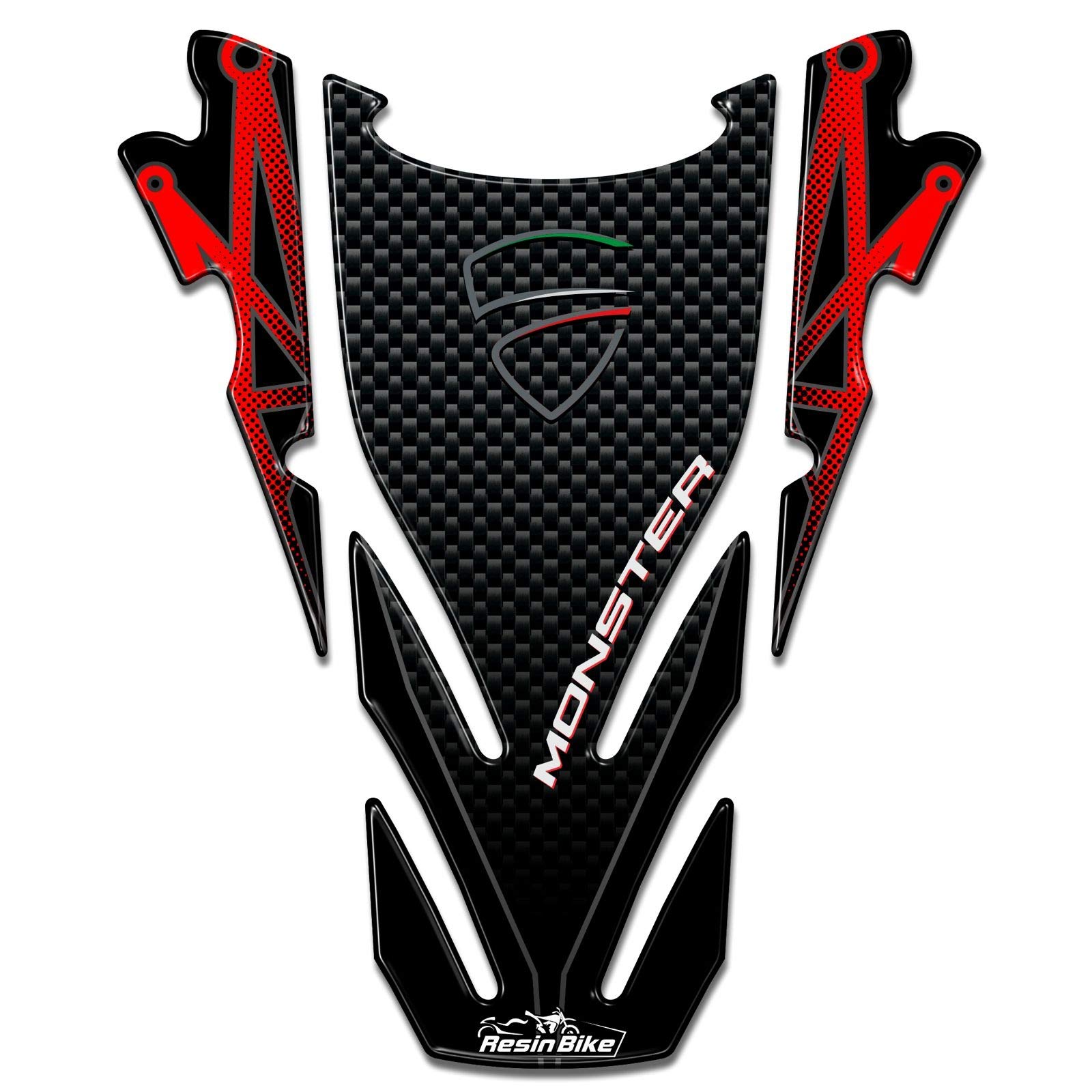 Resin Bike Adesivi Moto Compatibile con Ducati Monster. Protezione Paraserbatoio da Urti e Graffi. Adesivo 3D Resinato per Serbatoio Moto - Effetto Carbonio e Rosso
