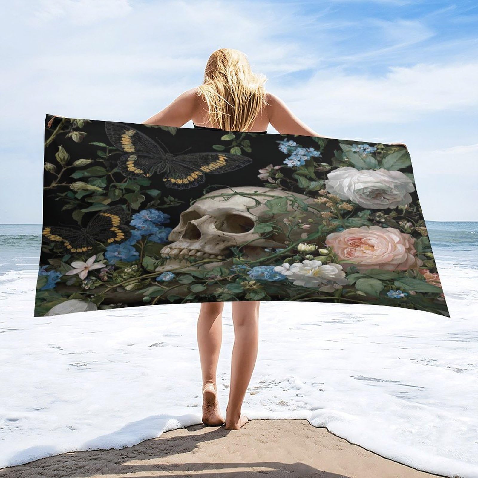 Luyysky Beautiful Abstract Skull Skeleton Quick-Drying Beach Towel, Rustic Realistic Rose Flowers Green Leaves Animal Butterfly Travel Vacation Single Sided Pile Bathroom Towels-80 W Cm X 160" L Cm