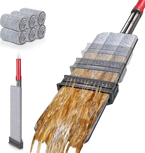 ZNM - Trapeador plano de microfibra con manos libres, 6 almohadillas reutilizables y lavables para seco y húmedo, fregona de limpieza de suelos 360