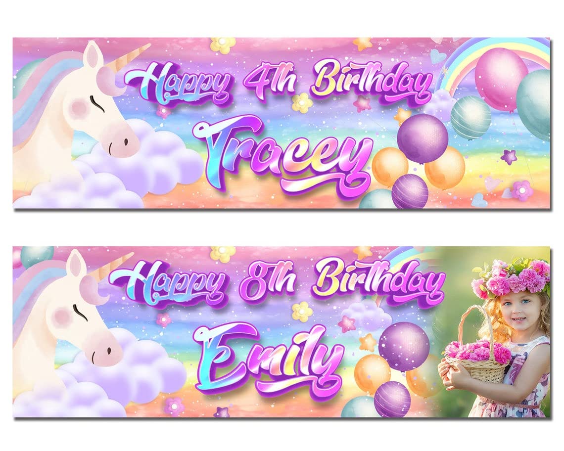 2 personalised birthday banner unicorn pink rainbow balloon stars girl children party decoration celebration anniversary - 1st 2nd 3rd 4th 5th kids party gift