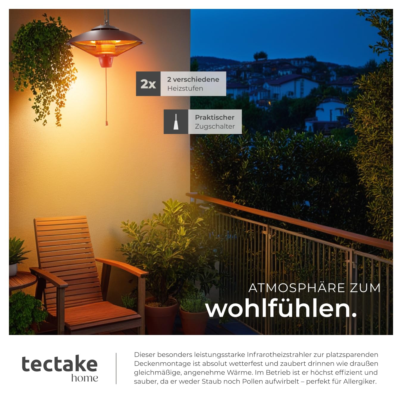 tectake® Infrarot Heizstrahler hängend, Deckenheizung, Infrarotstrahler Lampe zum Aufhängen an Decke, outdoor und indoor Infrarotheizung, Heizung elektrisch, Deckenheizstrahler für Terrasse