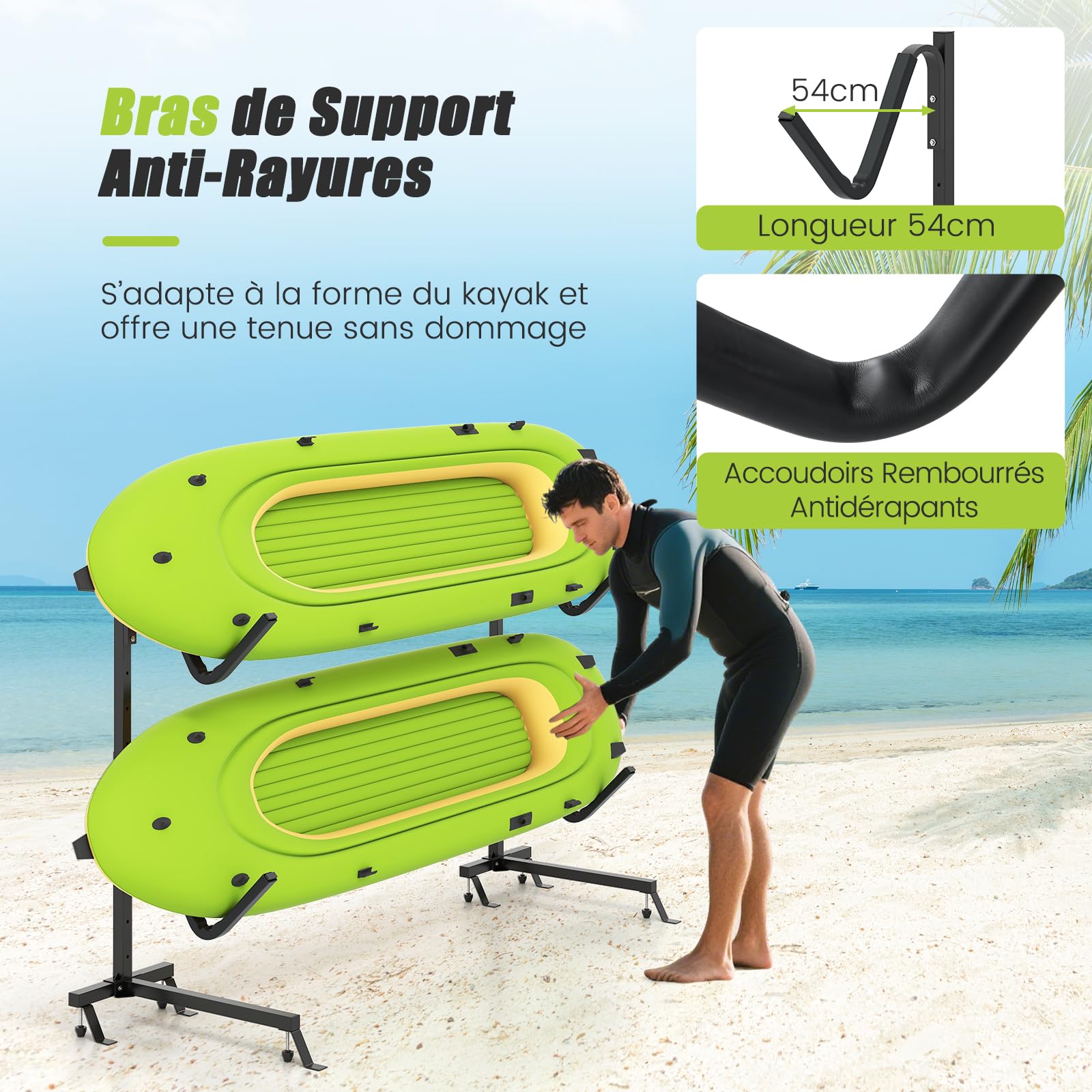COSTWAY Support pour Kayak Autoportant 2 Couches Hauteur Réglable à 6 Niveaux, pour Canoës Planches à Pagaie et Bateaux avec Couvercles Rembourrés, Capacité 90 kg, pour Intérieur Extérieur, Noir
