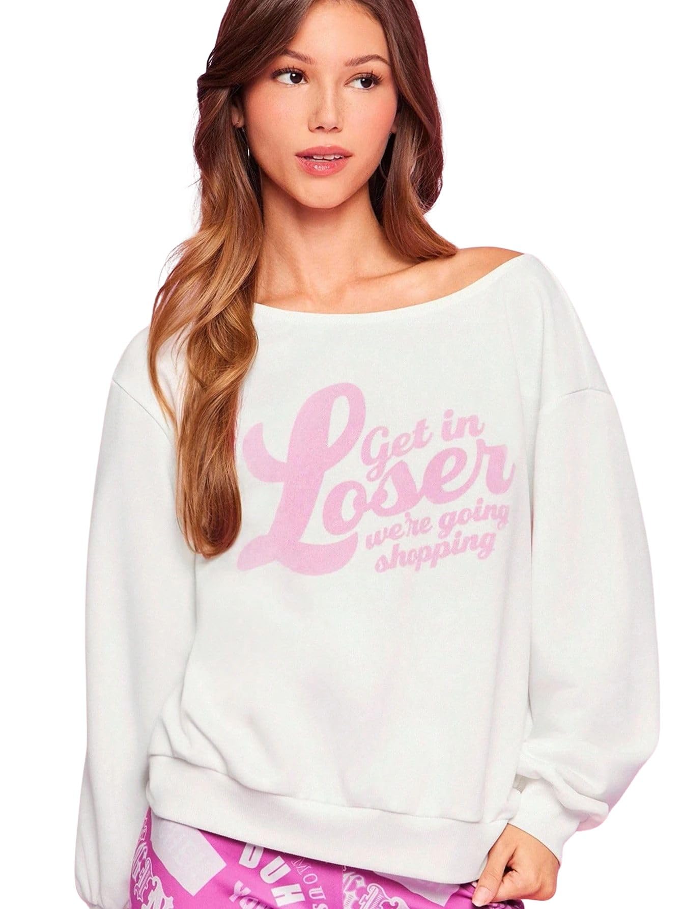 sxv style Women's Casual White Sweatshirt with Pink 'Get in Loser' Graphic Print, Off-Shoulder, Long Sleeve, Relaxed Fit-picture-51