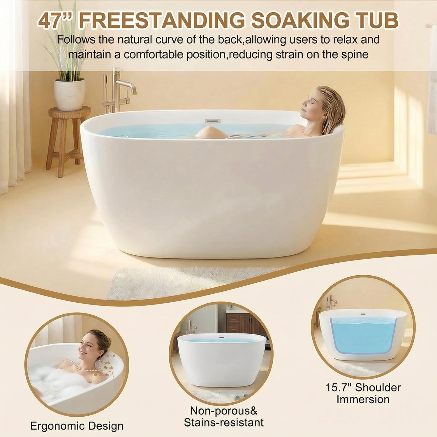 Casaphoria Freestanding Acrylic Oval Bathtub 47", White Soaking Tub with Chrome Overflow and Pop-Up Drain Included, Easy Install Independent Tub for Bathroom Renovation, Small Space