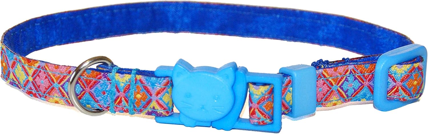 Floral Cat/Kitten Collar, Embroidered Flower Ribbon, Blue, Cat 7.5-12"