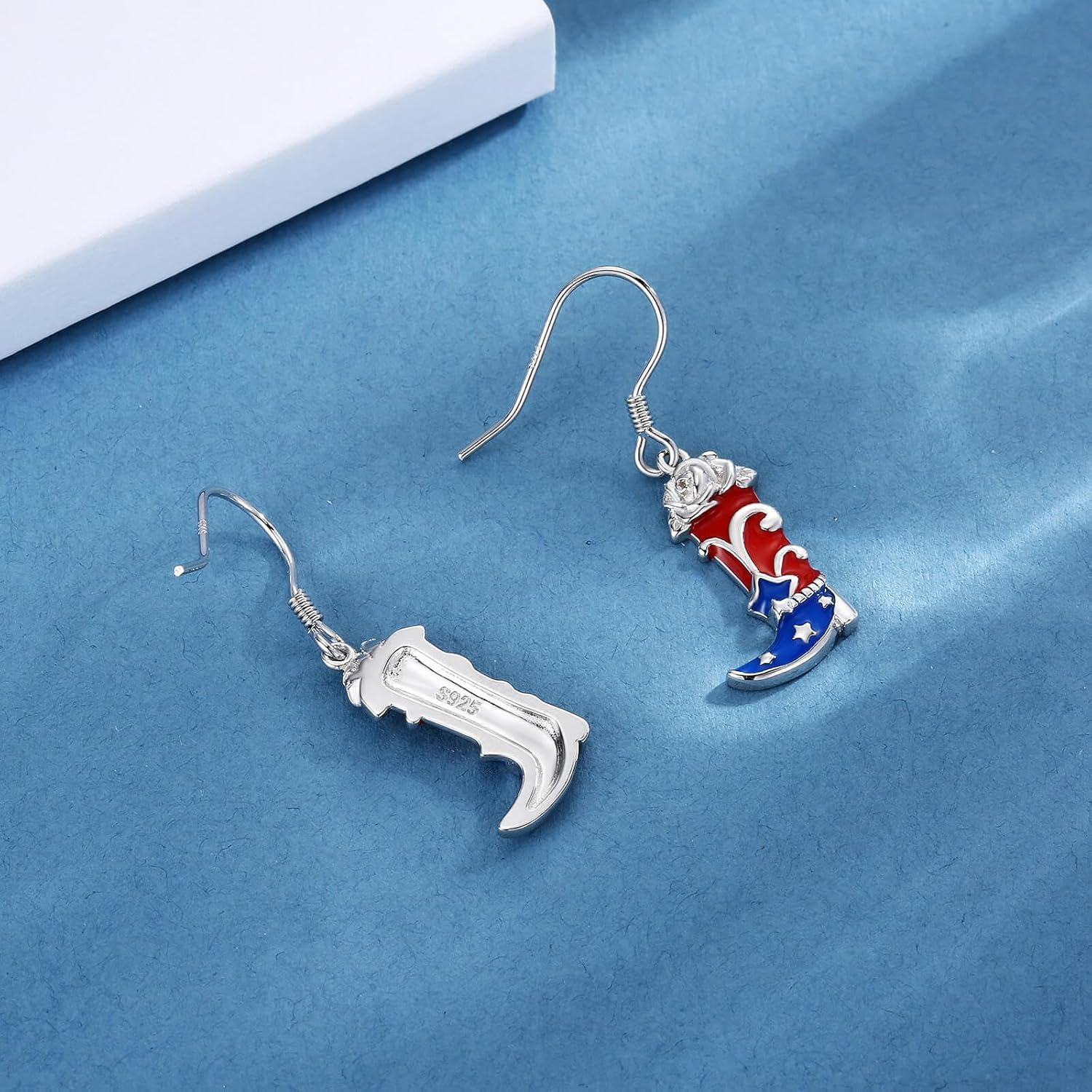 Patriotic American Flag Dangle Earrings for Women 925 Sterling Silver-4th of July Independence Day Red White Blue Patriotic Jewelry Gifts-Western Cowgirl Boots USA Flag Drop Earrings - Image 5