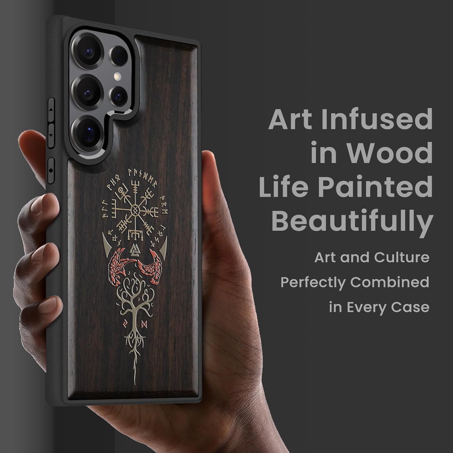 Magnetic for Samsung Galaxy S25 Ultra Case Compatible with MagSafe Wireless Charging, Natural Wood Cover & Art Painting, Shockproof TPU Phone Case, Hand-Drawn Pattern - Vegvisir Protection