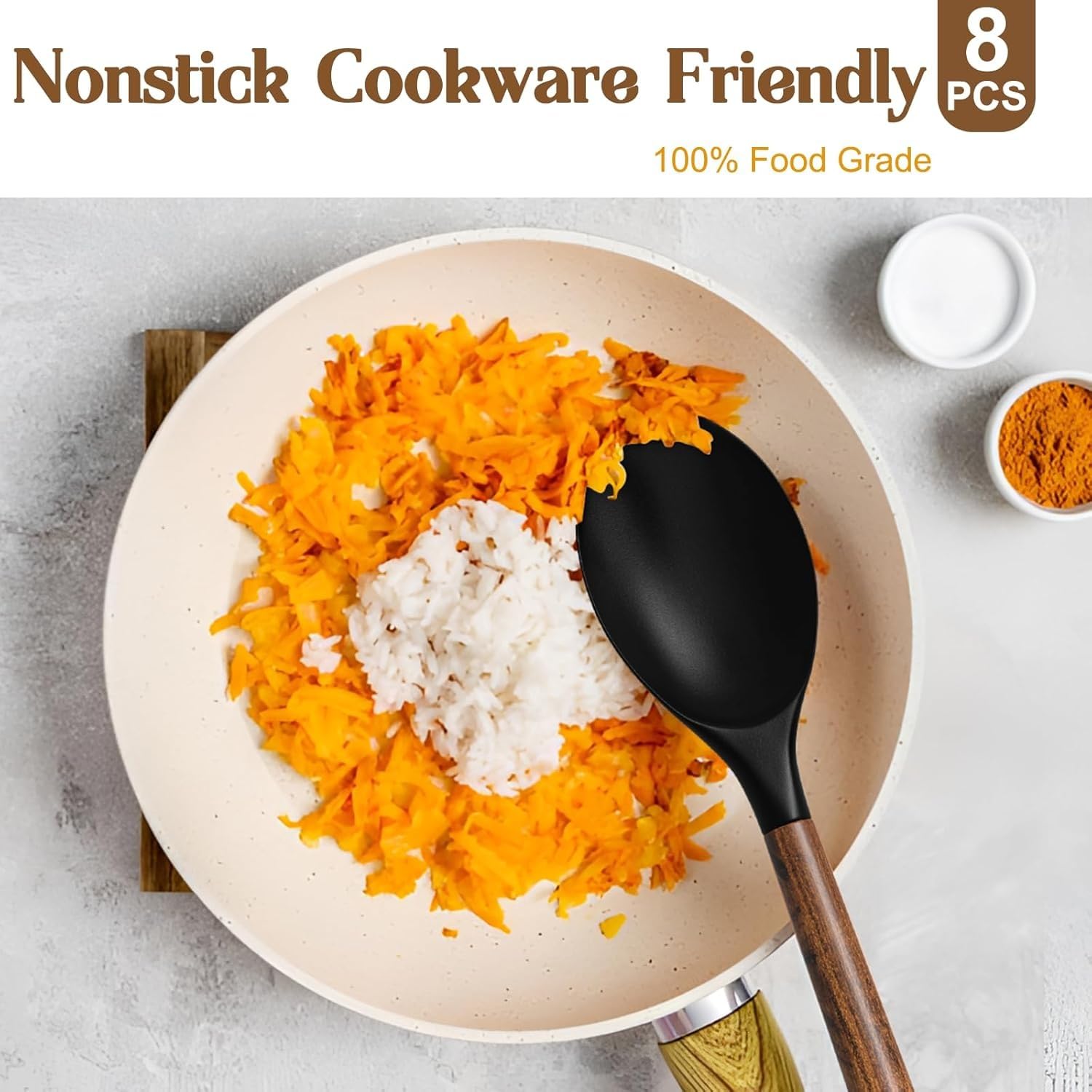 Umite Chef - Set di utensili da cucina in silicone, 8 pezzi, con manici in legno di acacia naturale, teste in silicone per uso alimentare, spatole da cucina antiaderenti, colore nero