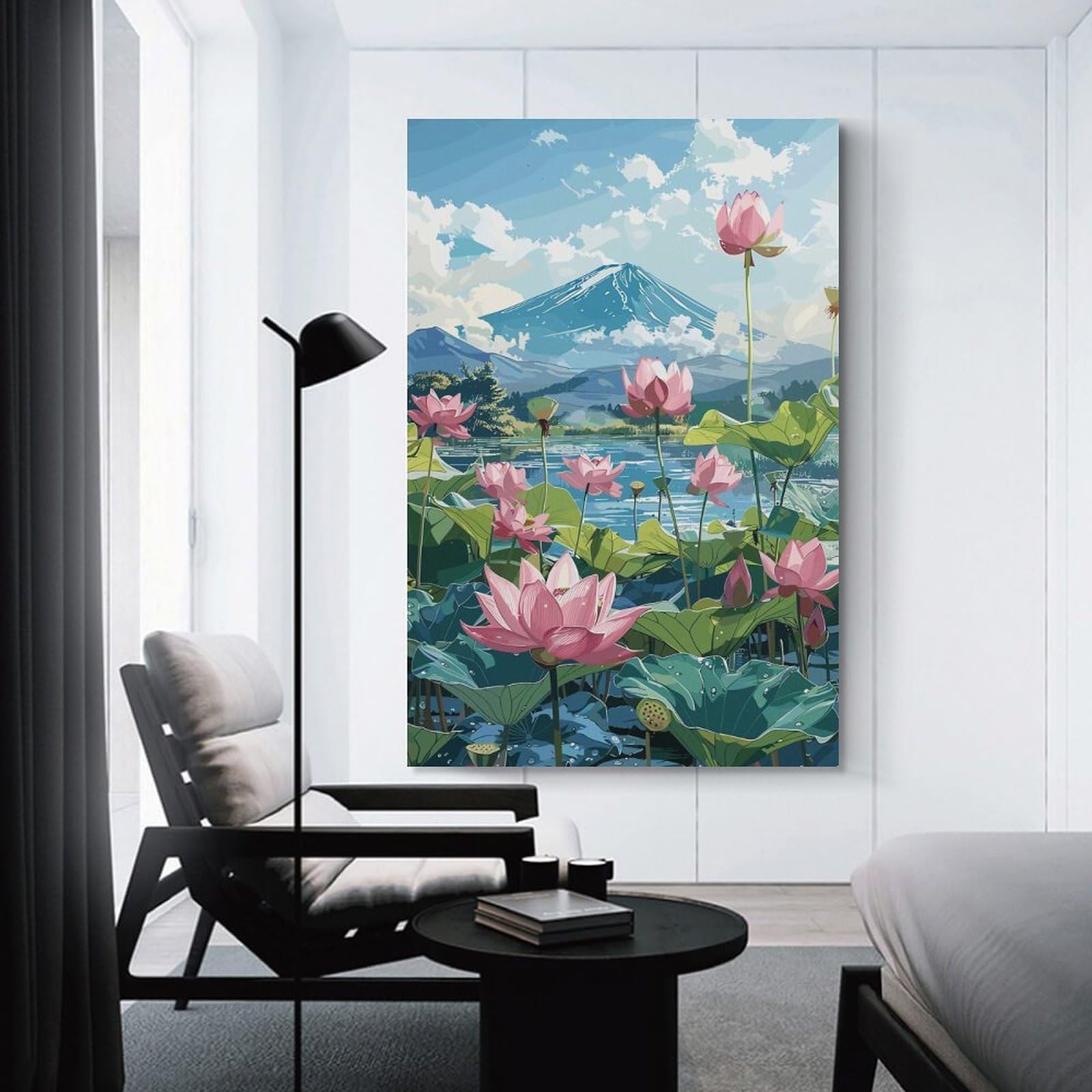 Junmoney Lotus Pond with Mt. Fuji Canvas Wall Decor 24x36inch(60x90cm), for Calm Bedrooms, Home Corners Or Flats, A Warm Accent for Relaxed Interiors