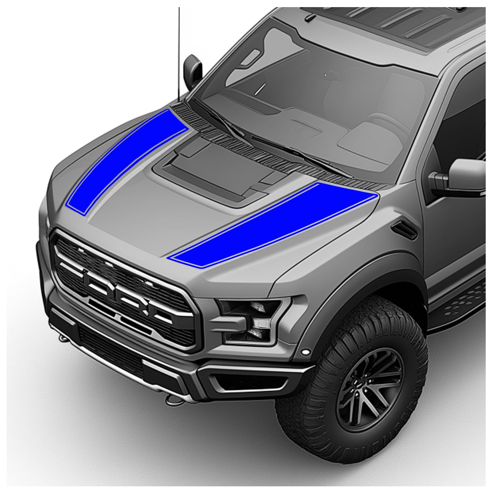 Hood Blackout Racing Stripes Vinyl Decal Sticker Kit- Compatible with Ford F150 Raptor 2014-2020 (Style 2, Blue)