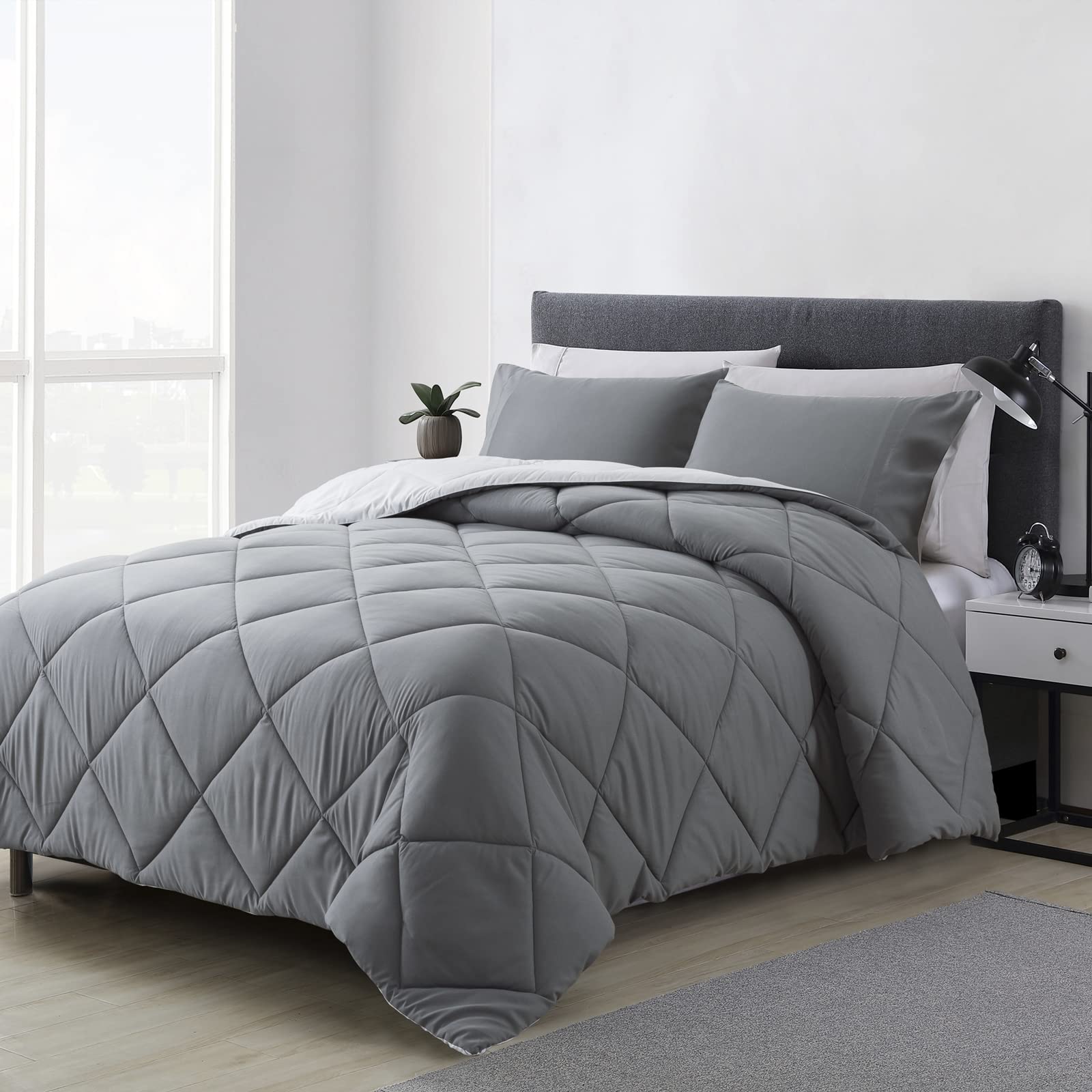 ELNIDO QUEEN Edredón Reversible Y Ligero Para Todas Las Estaciones, Con Relleno Sintético, Con Tiras En La Esquina, Lavable A Máquina, Relleno De Edredón O Edredón Independiente, Color Azul/gris, Tamaño Queen