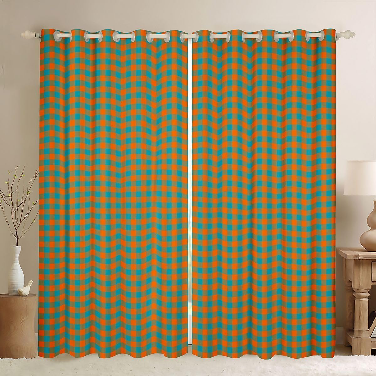 Feelyou Gingham Curtains for Bedroom Living Room Modern Style Orange Blue Plaid Blackout Shades Grid Checkered Room Darkening Curtain Window Treatments, 2 Panels 52 x 96 Inch Decor