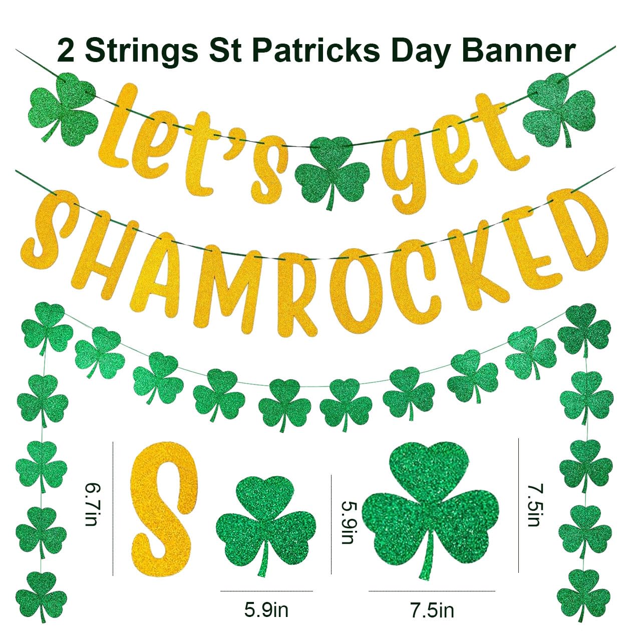 St patricks Day Decorations,2 Strings St Patricks Day Banner Glitter Let`s Get Shamrocked St Patricks Day Bunting,Creative Shamrock Hanging Ceiling Window Wall Party Photo Accessories Set - Image 2