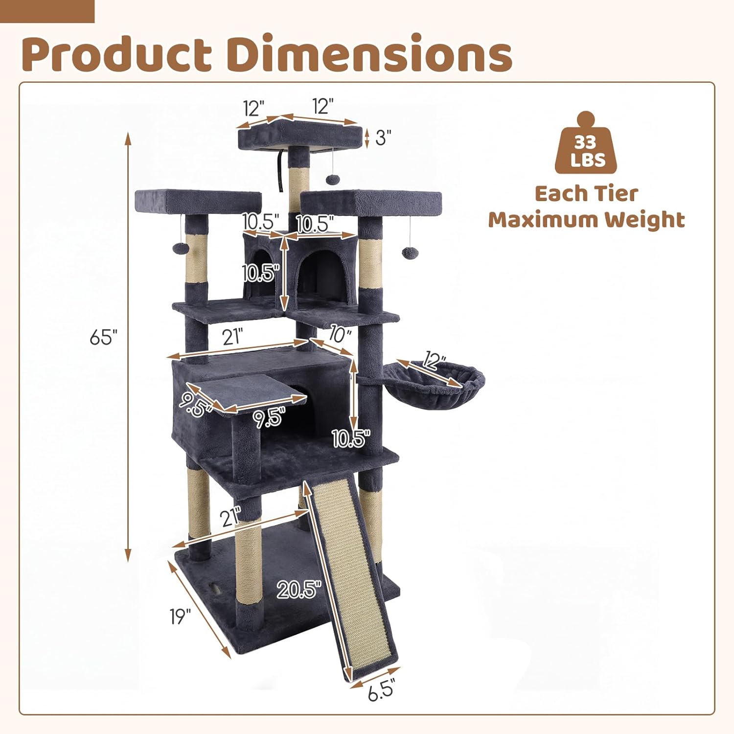 DORTALA Multi-Level Cat Tree, 65" Tall Cat Tower with 3 Plush Perch, 2 Condos, Basket Bed, Sisal Scratching Posts & Board, Hanging Pompoms, Indoor Pet Climbing Furniture (Dark Grey)