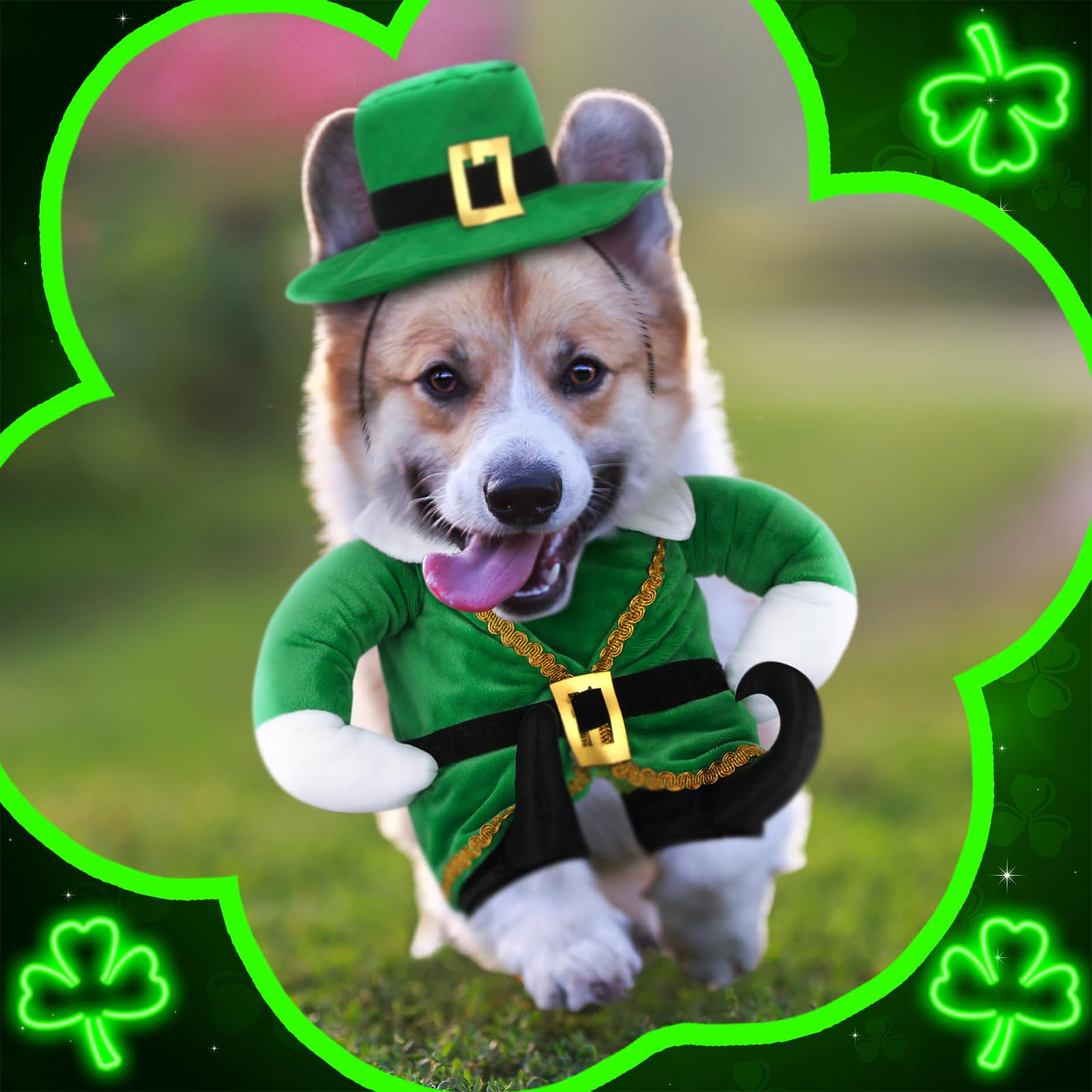 Hollowfly St. Patrick's Day Dog Costume Walking Leprechaun Dog Costume Irish Funny Pet Outfit with Arms Irish Holiday Day Outfit Accessories for Cat Doggy Pet(S)