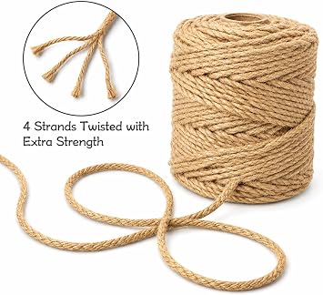 5MM x 197 Feet Natural Jute Twine, 12Ply Twisted Jute Rope, Heavy Duty and Thick Twine Rope, Garden, Arts & Crafts, Cat Scratching Post, Home Decor, Packing Bundling & DIY Projects