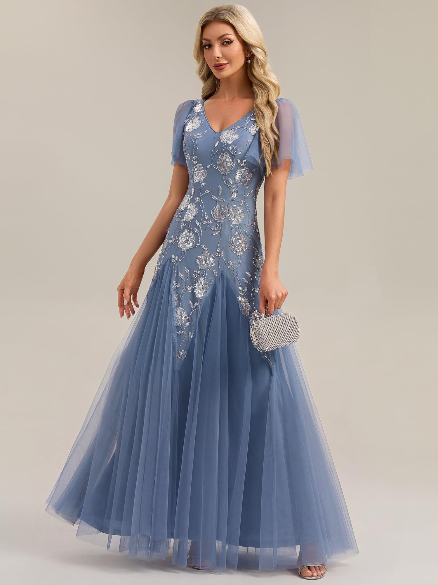 Ever-Pretty Abito Cerimonia Donna Collo a V Maniche Corte Paillente Maxi Gonna Svasata EE02665