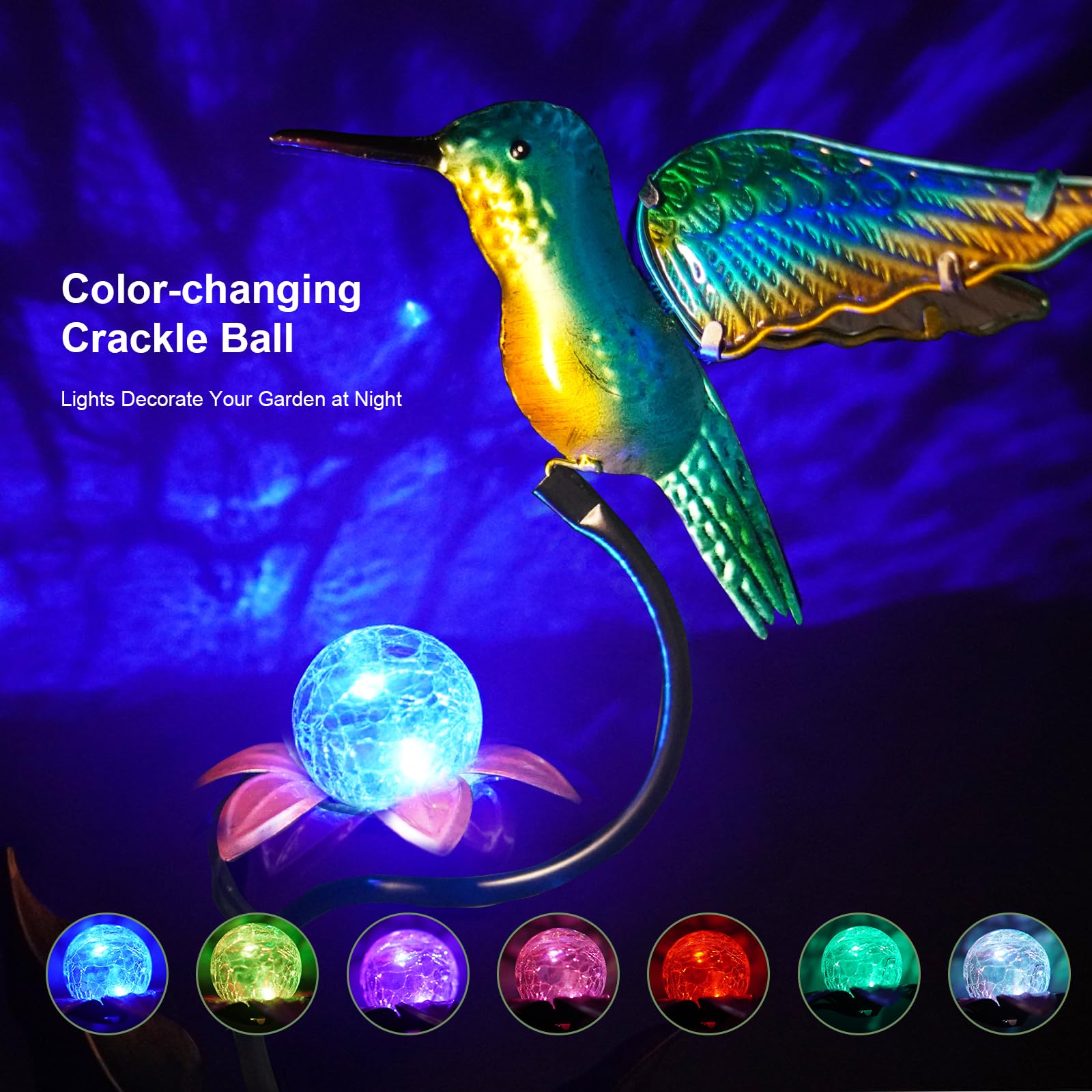 Hummingbird Moon Solar Garden Stake Light – 85cm Outdoor LED Stake With Crackle Glass Globe, Waterproof Metal Decor For Patio, Lawn, Pathway & Backyard