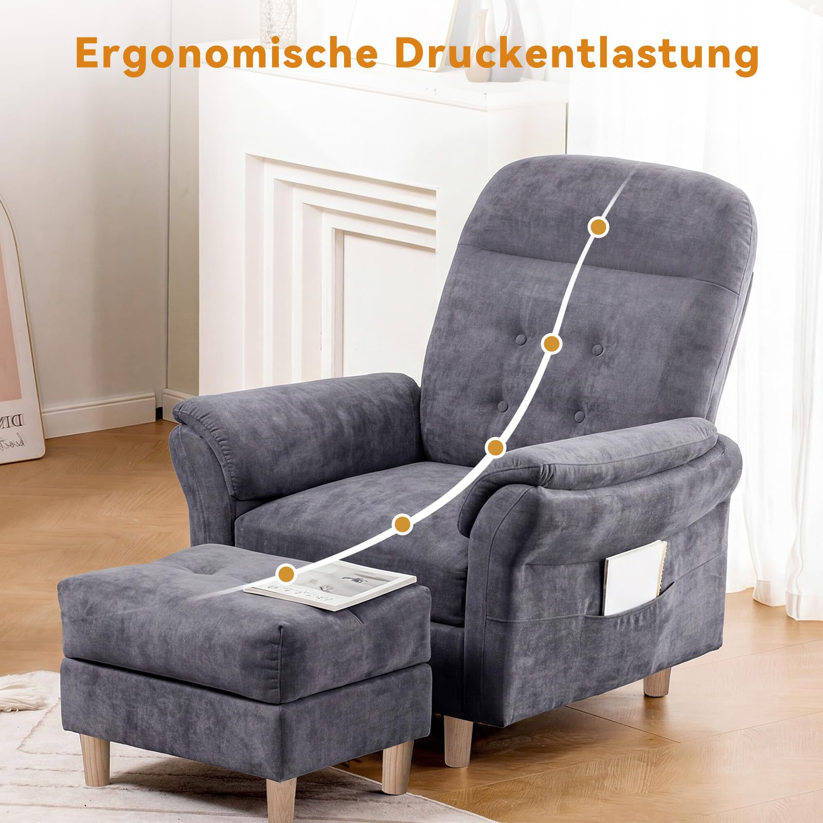 COMHOMA Relaxsessel Fernsehsessel mit Liegefunktion, Liegesessel mit Hocker & 4 Verstellbarer Rückenlehne, Polstersessel Stoff Einzelliegesessel Wohnzimmer Schlafzimmer Heimkino, Chenille, Grau