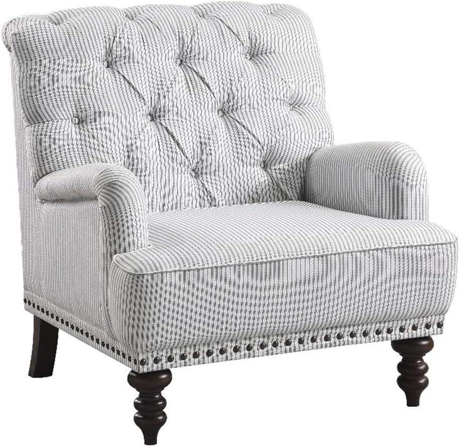 Pemberly Row Fabric Upholstered Accent Chair, Gray Striped Pattern, Button-Tufted Back, Solid Wood Frame, Espresso Finish Legs, Nailhead Trim, Comfortable Living Room Seating