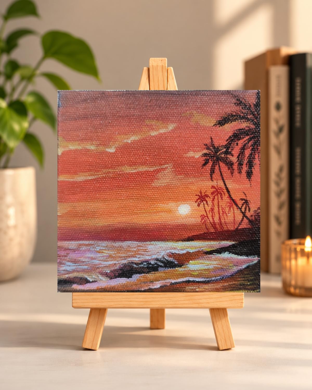 Tropical Beach Sunset Mini Acrylic Painting on Canvas with easel stand, 4x4 inch, home decor | Sunset on beach Canvas Art,, Tabletop Display, Handcrafted, Home Decor-picture-22