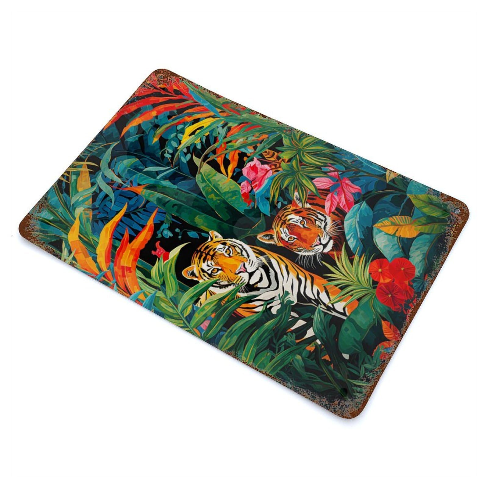 Jungle Royalty Two Tigers Rust Effect Tin Sign 11.8"x7.9", for Bistro, Counter And Cafe Decor, Decorative Metal Wall Art