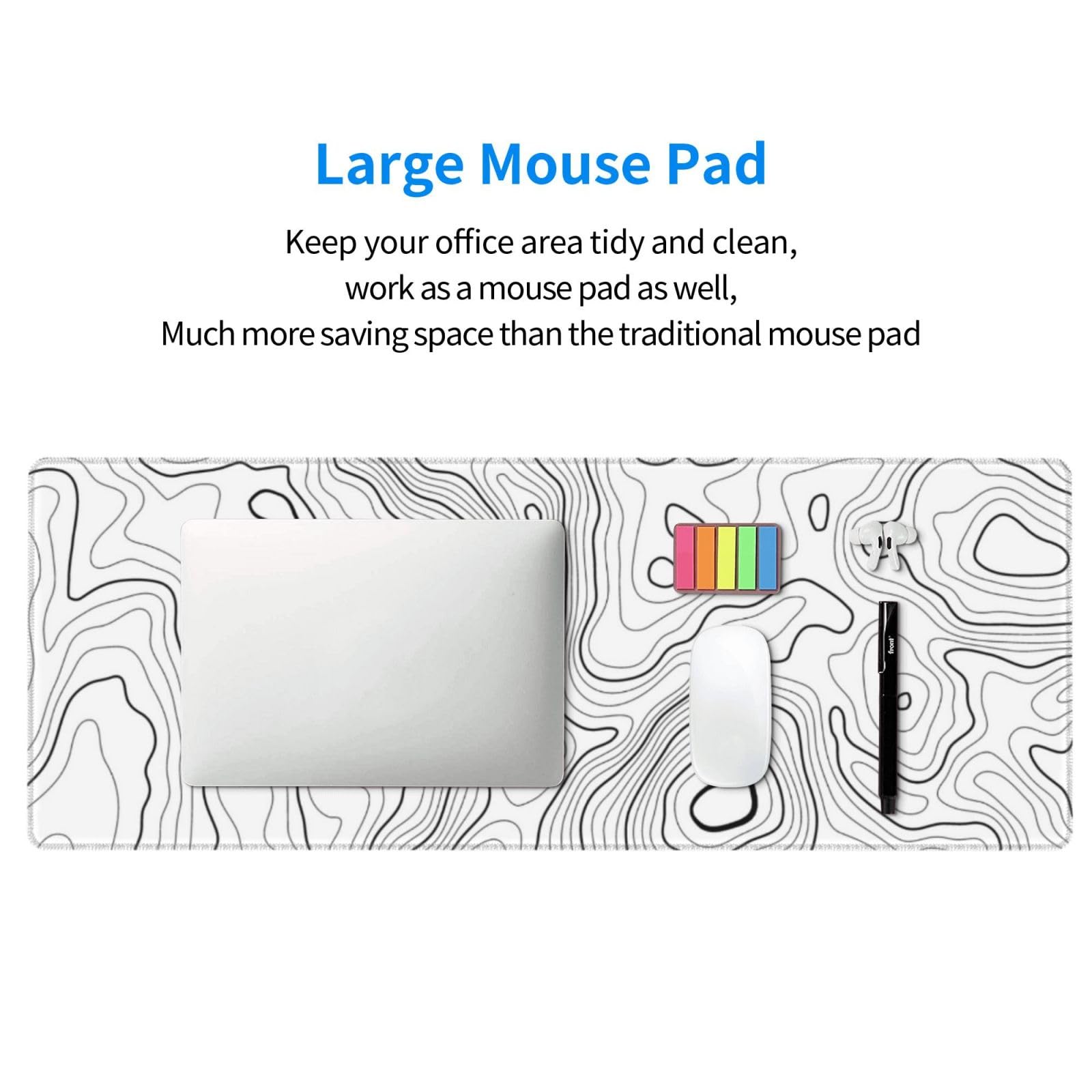 Alfombrilla de mouse grande con mapa topográfico blanco, alfombrilla de mouse para teclado grande extendida, alfombrilla de mouse larga para juegos de computadora para el hogar, oficina, escritorio de